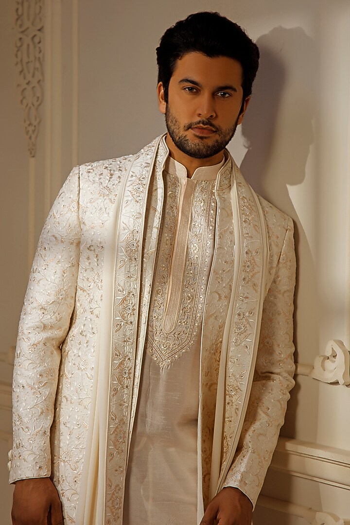 Pearl Dupion Silk Digital Embroidered Groom Sherwani Set by Vanshik at Pernia's Pop Up Shop
