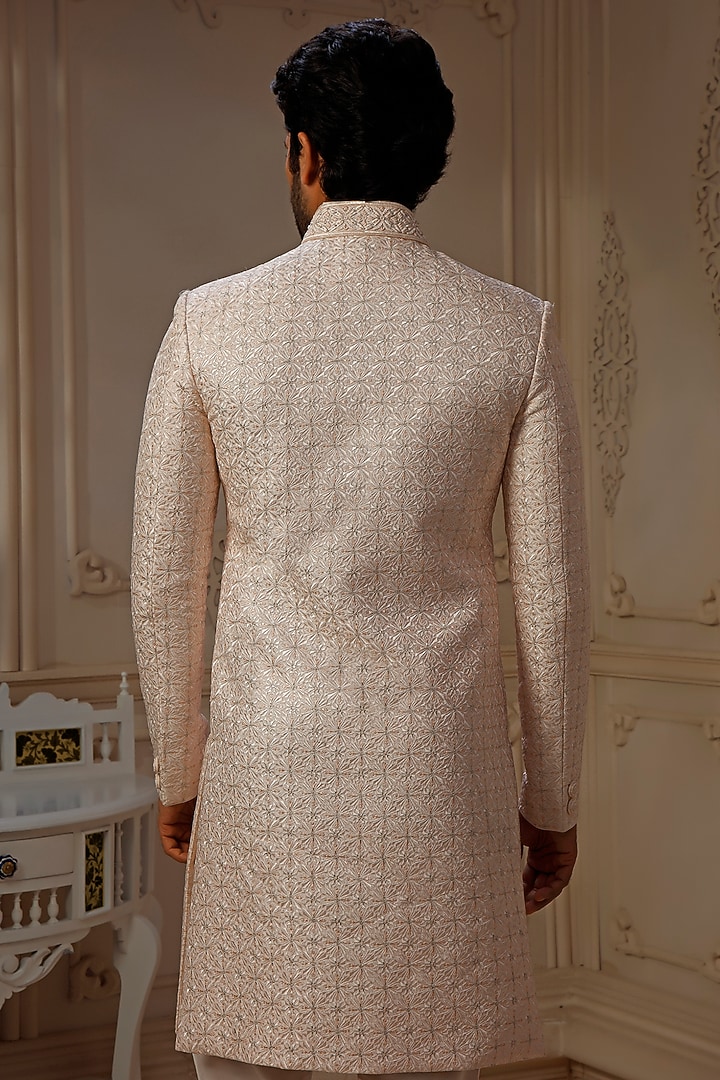 Blush Pink Dupion Silk Digital Embroidered Wedding Sherwani Set by Vanshik at Pernia's Pop Up Shop