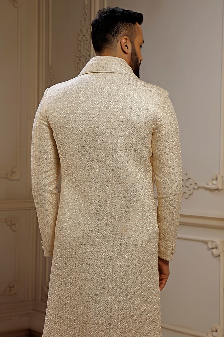 Pearl Dupion Silk Digital Embroidered Wedding Sherwani Set by Vanshik at Pernia's Pop Up Shop