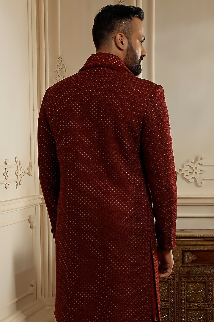 Maroon Soft Silk Resham Embroidered Wedding Sherwani Set by Vanshik at Pernia's Pop Up Shop