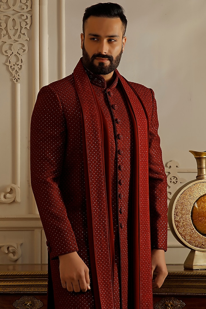 Maroon Soft Silk Resham Embroidered Wedding Sherwani Set by Vanshik at Pernia's Pop Up Shop