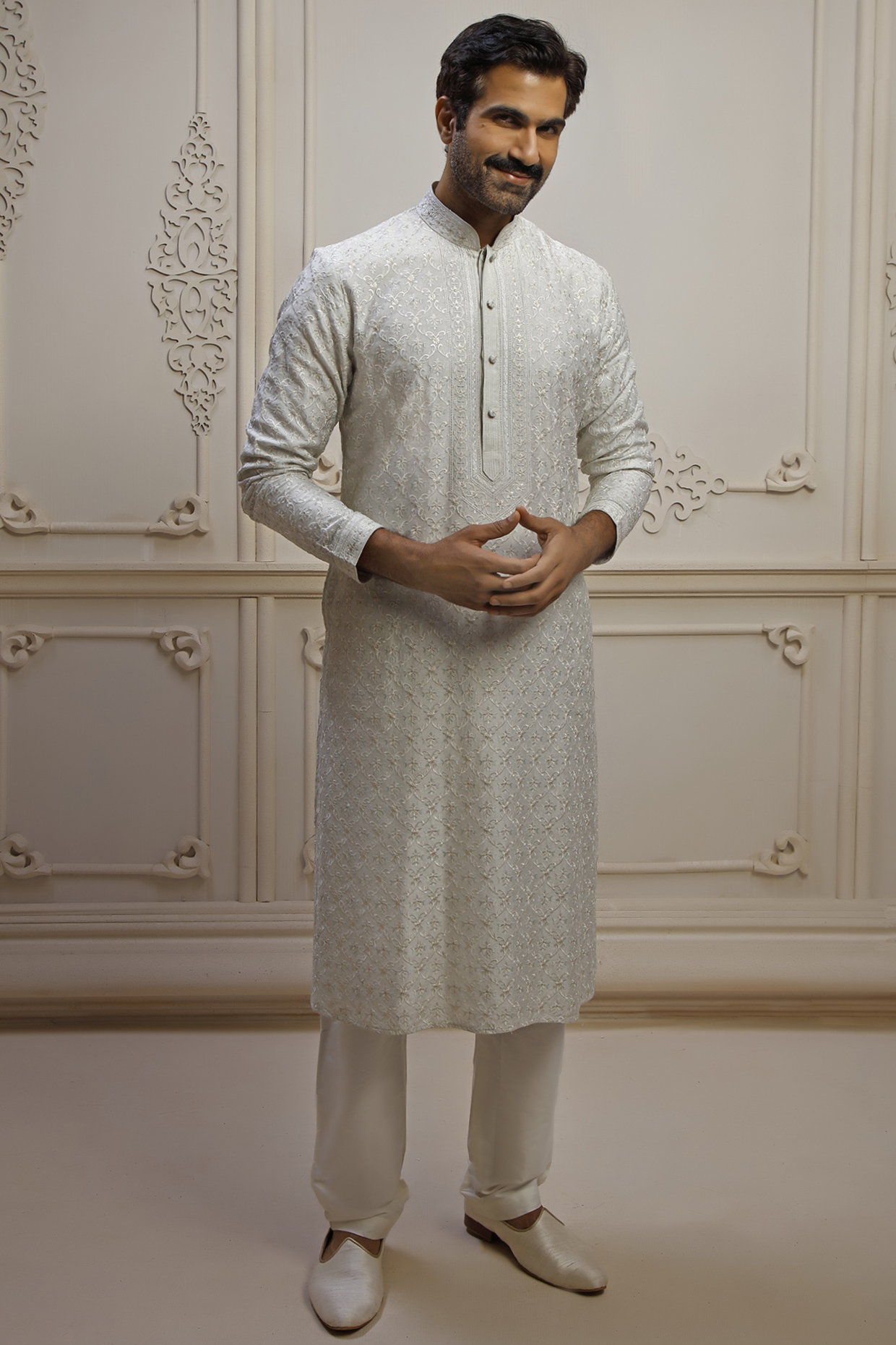 Pearl Dupion Silk Jaal Embroidered Kurta Set by Vanshik at Pernia's Pop Up Shop