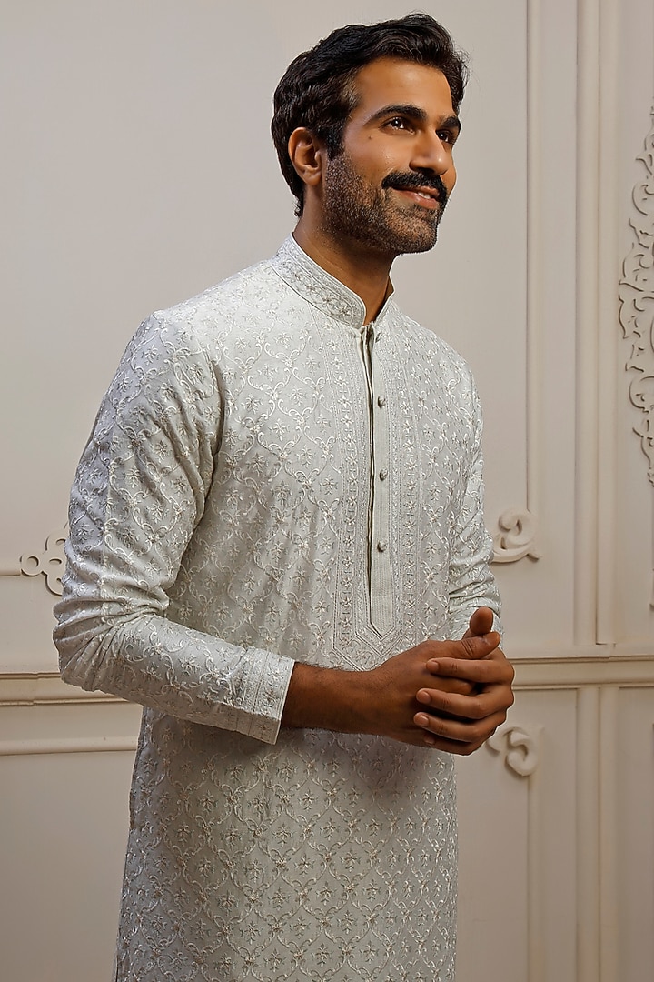 Pearl Dupion Silk Jaal Embroidered Kurta Set by Vanshik at Pernia's Pop Up Shop