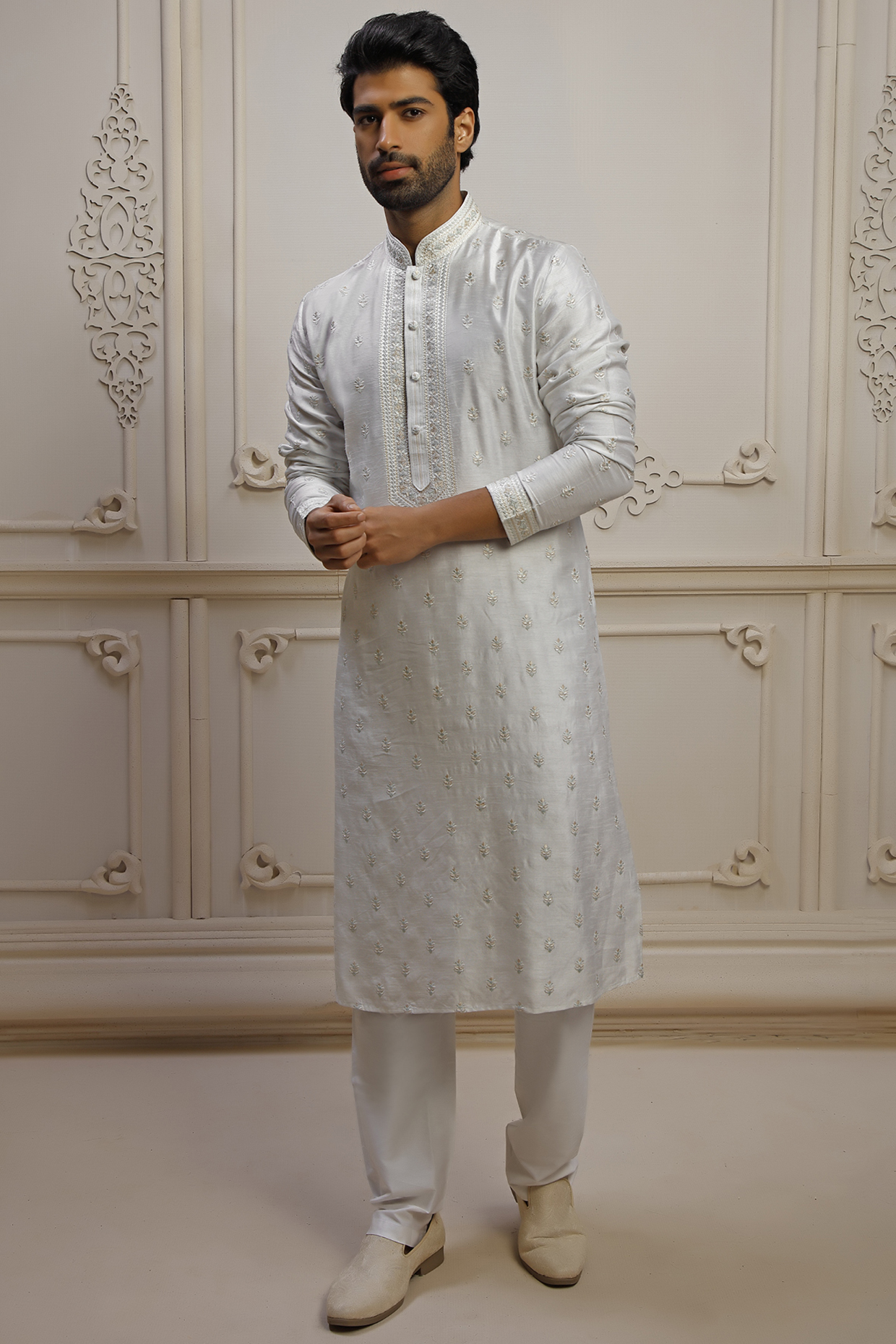 Mint Dupion Silk Boota Embroidered Kurta Set by Vanshik