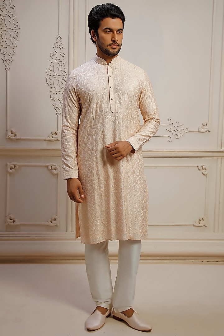 Blush Dupion Silk Jaal Embroidered Kurta Set by Vanshik