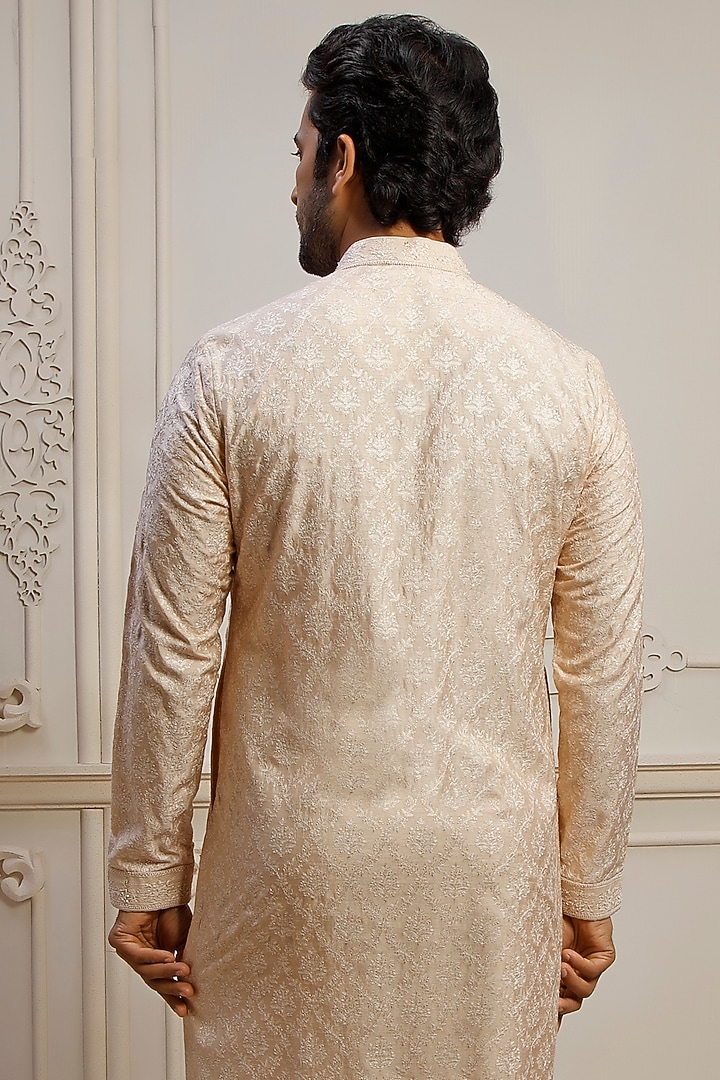 Blush Dupion Silk Jaal Embroidered Kurta Set by Vanshik at Pernia's Pop Up Shop