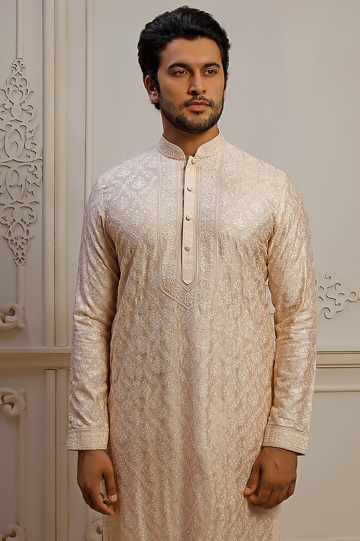 Blush Dupion Silk Jaal Embroidered Kurta Set by Vanshik at Pernia's Pop Up Shop