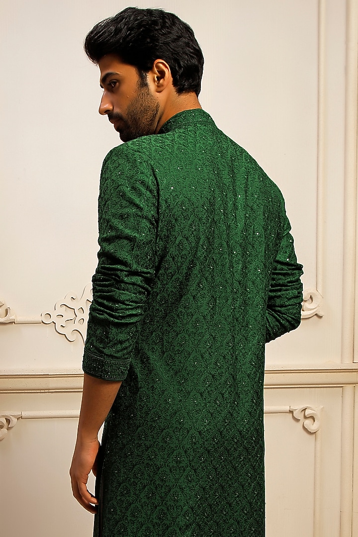 Green Dupion Silk Jaal Embroidered Kurta Set by Vanshik at Pernia's Pop Up Shop