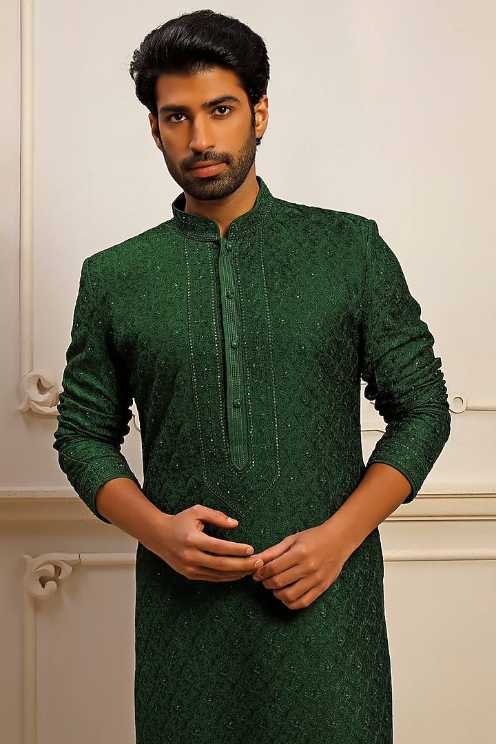 Green Dupion Silk Jaal Embroidered Kurta Set by Vanshik at Pernia's Pop Up Shop