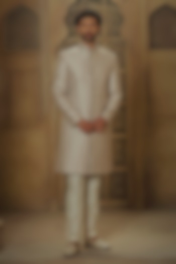 Grey Pashmina Silk Blend Zardosi & Resham Embroidered Wedding Sherwani Set by Vanshik at Pernia's Pop Up Shop