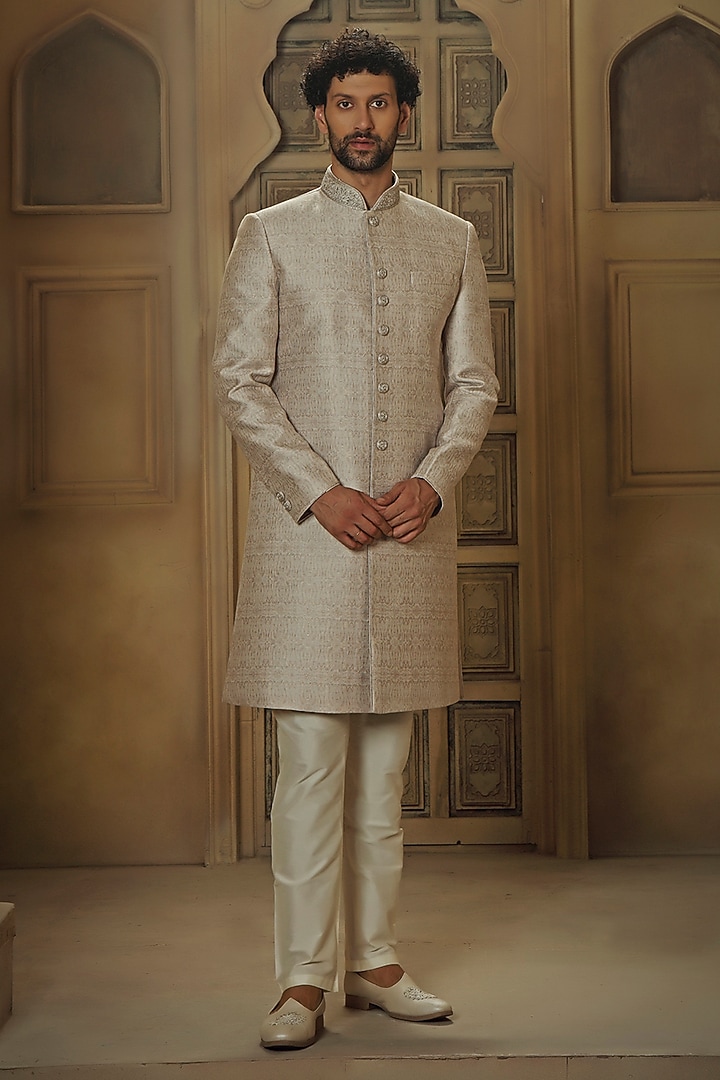 Grey Pashmina Silk Blend Zardosi & Resham Embroidered Wedding Sherwani Set by Vanshik at Pernia's Pop Up Shop
