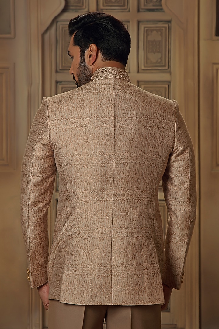 Beige Pashmina Silk Blend Zardosi & Resham Embroidered Wedding Bandhgala Set by Vanshik at Pernia's Pop Up Shop