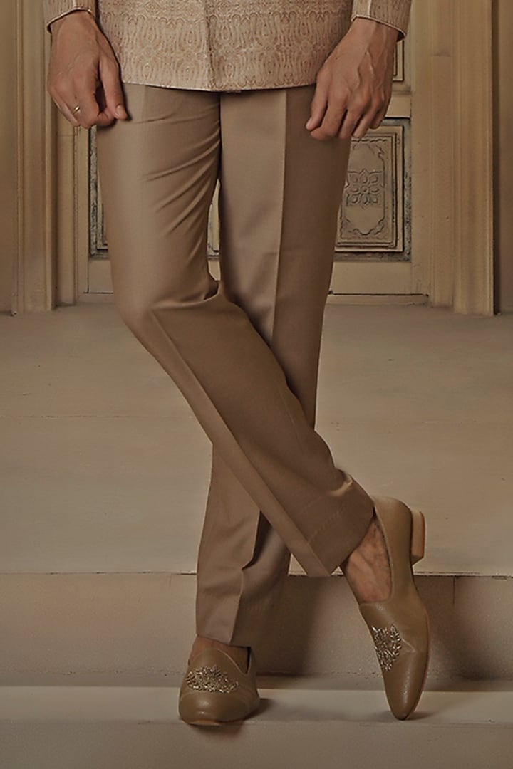 Beige Pashmina Silk Blend Zardosi & Resham Embroidered Wedding Bandhgala Set by Vanshik at Pernia's Pop Up Shop