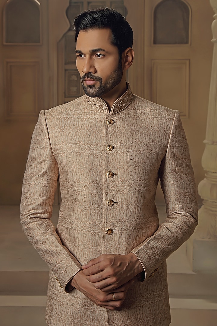 Beige Pashmina Silk Blend Zardosi & Resham Embroidered Wedding Bandhgala Set by Vanshik at Pernia's Pop Up Shop