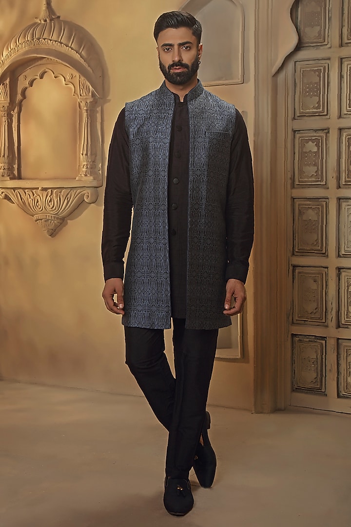 Blue Pashmina Silk Blend Bundi Jacket Set by Vanshik at Pernia's Pop Up Shop