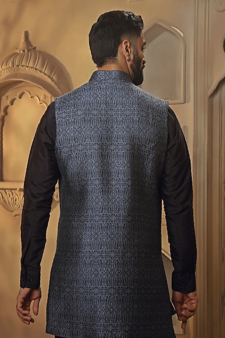 Blue Pashmina Silk Blend Bundi Jacket Set by Vanshik at Pernia's Pop Up Shop
