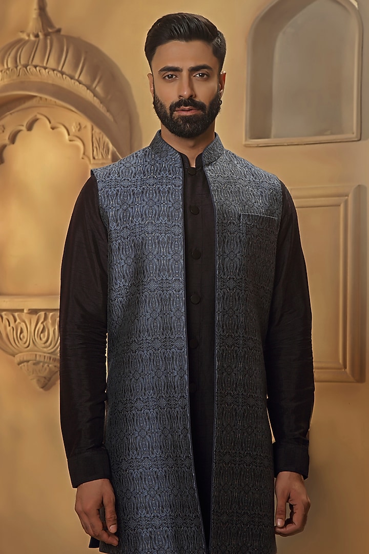 Blue Pashmina Silk Blend Bundi Jacket Set by Vanshik at Pernia's Pop Up Shop