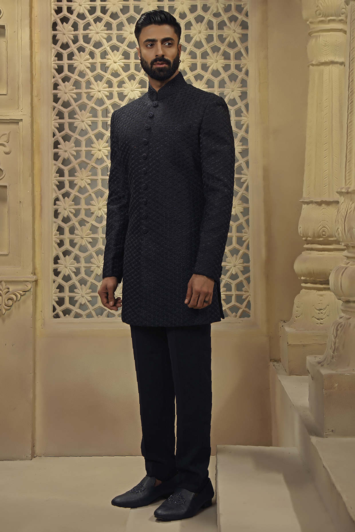Blue Silk Blend Hand Embroidered Indo-Western Set by Vanshik