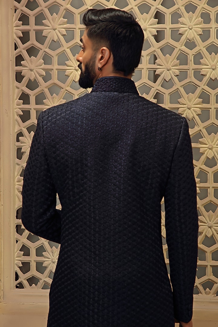 Blue Silk Blend Hand Embroidered Indo-Western Set by Vanshik at Pernia's Pop Up Shop