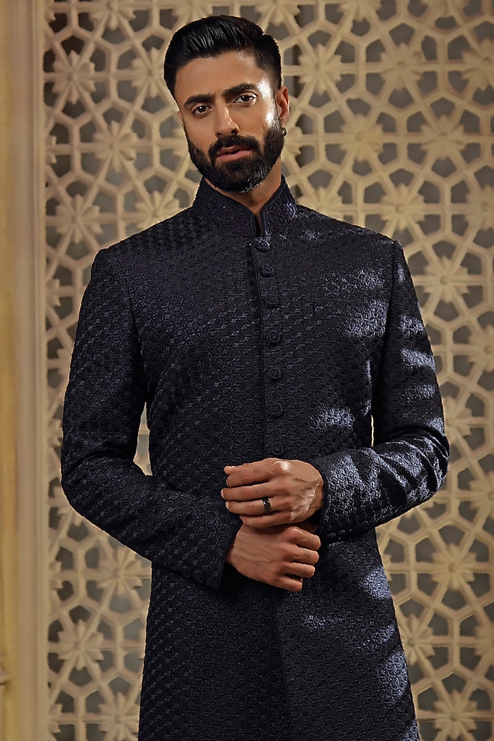 Blue Silk Blend Hand Embroidered Indo-Western Set by Vanshik at Pernia's Pop Up Shop