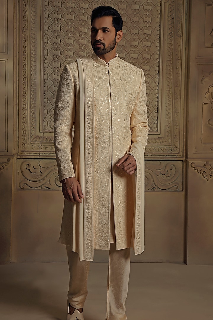 Beige Silk Blend Pearl Embroidered Sherwani Set by Vanshik