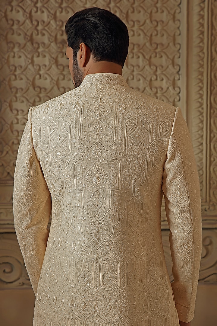 Beige Silk Blend Pearl Embroidered Groom Sherwani Set by Vanshik at Pernia's Pop Up Shop