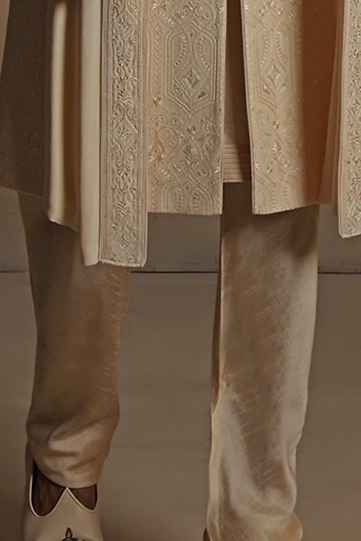 Beige Silk Blend Pearl Embroidered Groom Sherwani Set by Vanshik at Pernia's Pop Up Shop