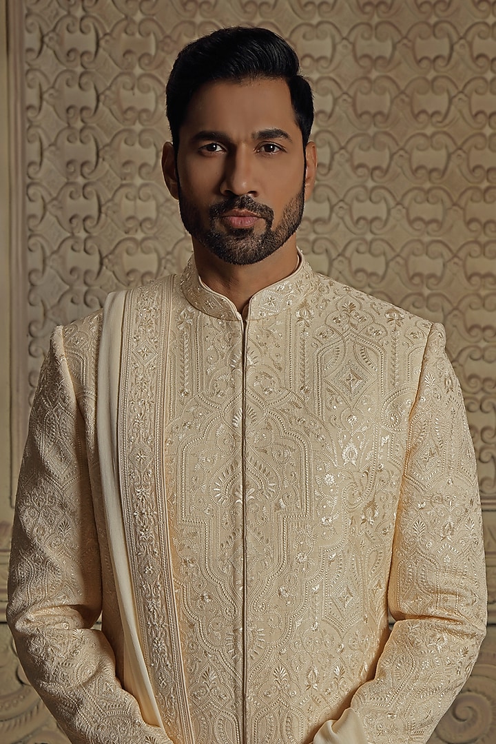 Beige Silk Blend Pearl Embroidered Groom Sherwani Set by Vanshik at Pernia's Pop Up Shop