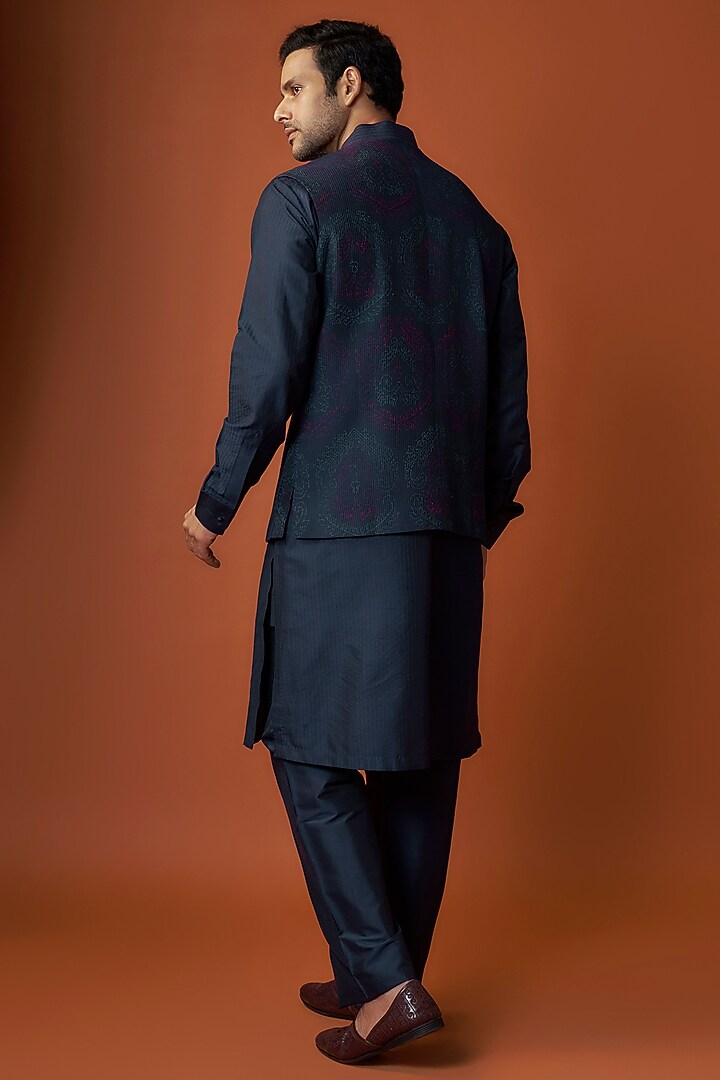 Blue Soft Silk Pintuck Bundi Jacket Set by Vanshik at Pernia's Pop Up Shop