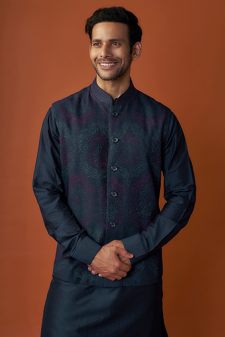Blue Soft Silk Pintuck Bundi Jacket Set by Vanshik at Pernia's Pop Up Shop