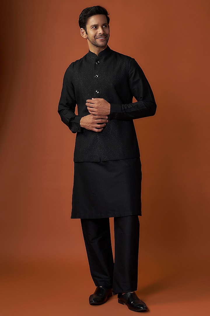 Black Soft Silk Pintuck Bundi Jacket Set by Vanshik at Pernia's Pop Up Shop