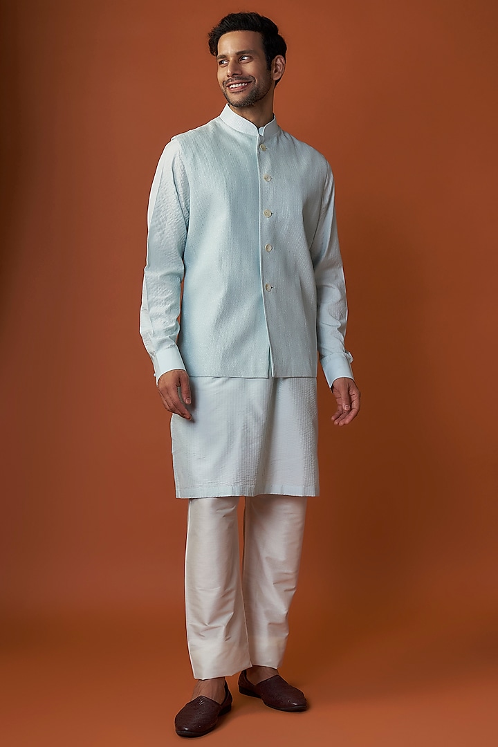 Aqua Soft Silk Paisley Embroidered Bundi Jacket Set by Vanshik at Pernia's Pop Up Shop