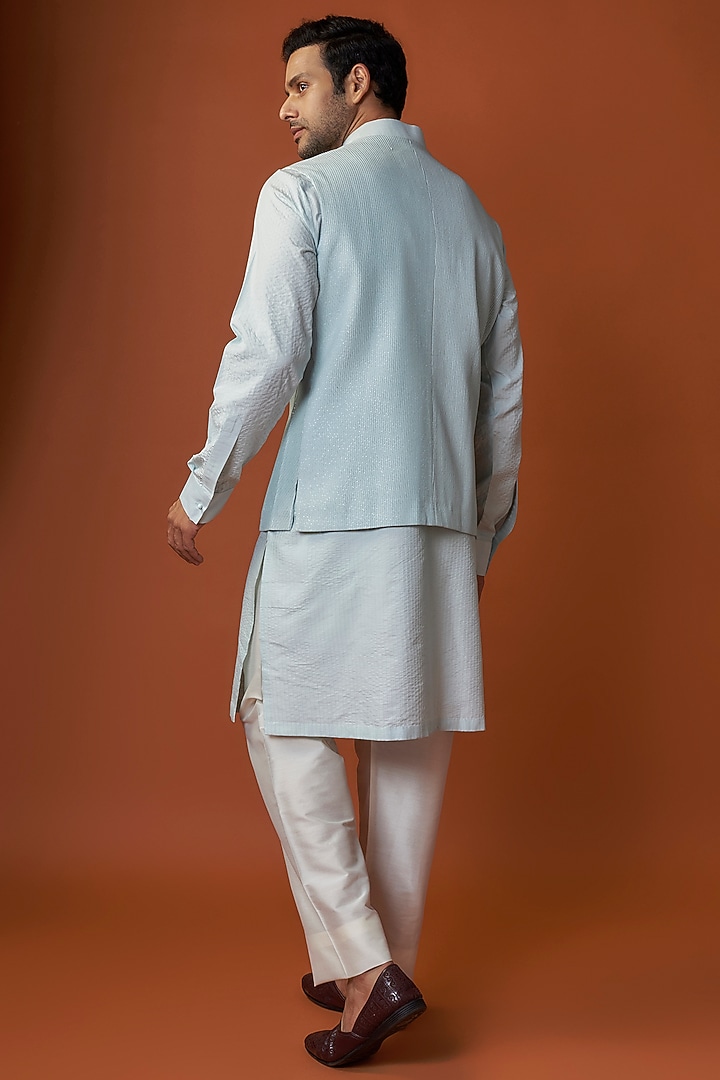 Aqua Soft Silk Paisley Embroidered Bundi Jacket Set by Vanshik at Pernia's Pop Up Shop