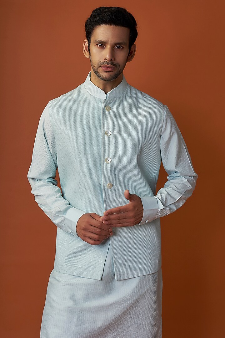 Aqua Soft Silk Paisley Embroidered Bundi Jacket Set by Vanshik at Pernia's Pop Up Shop