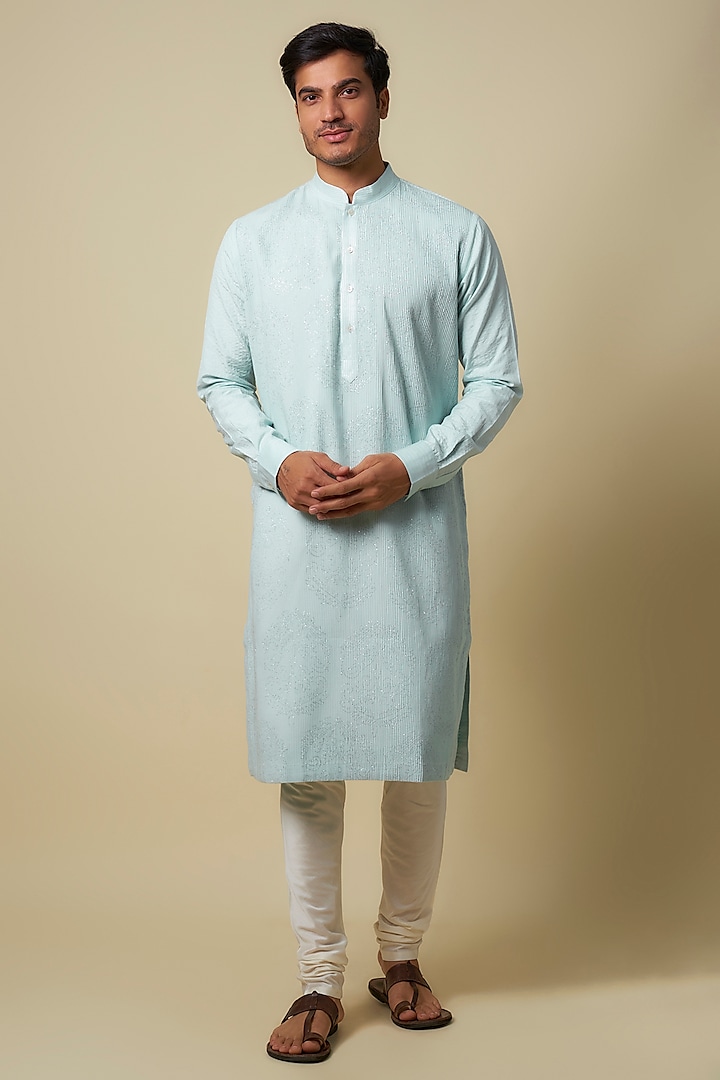 Aqua Blended Silk Embroidered Kurta Set by Vanshik