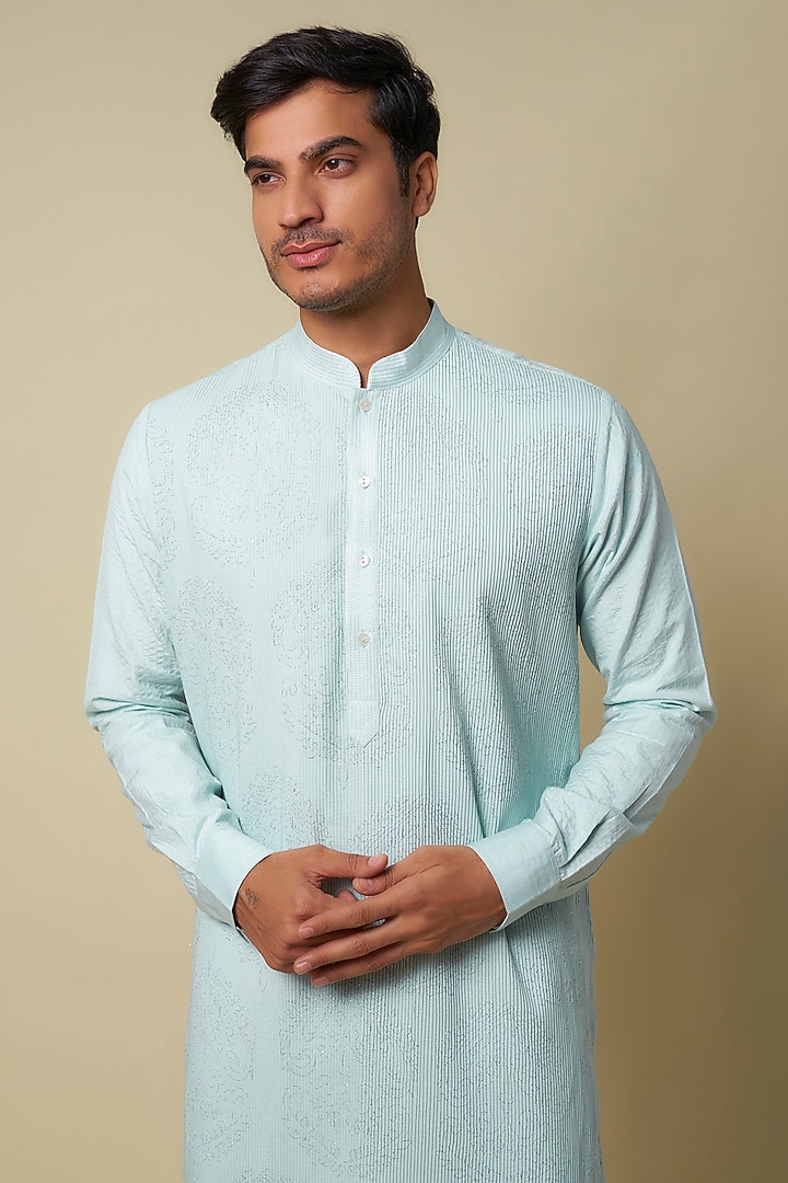Aqua Blended Silk Embroidered Kurta Set by Vanshik at Pernia's Pop Up Shop