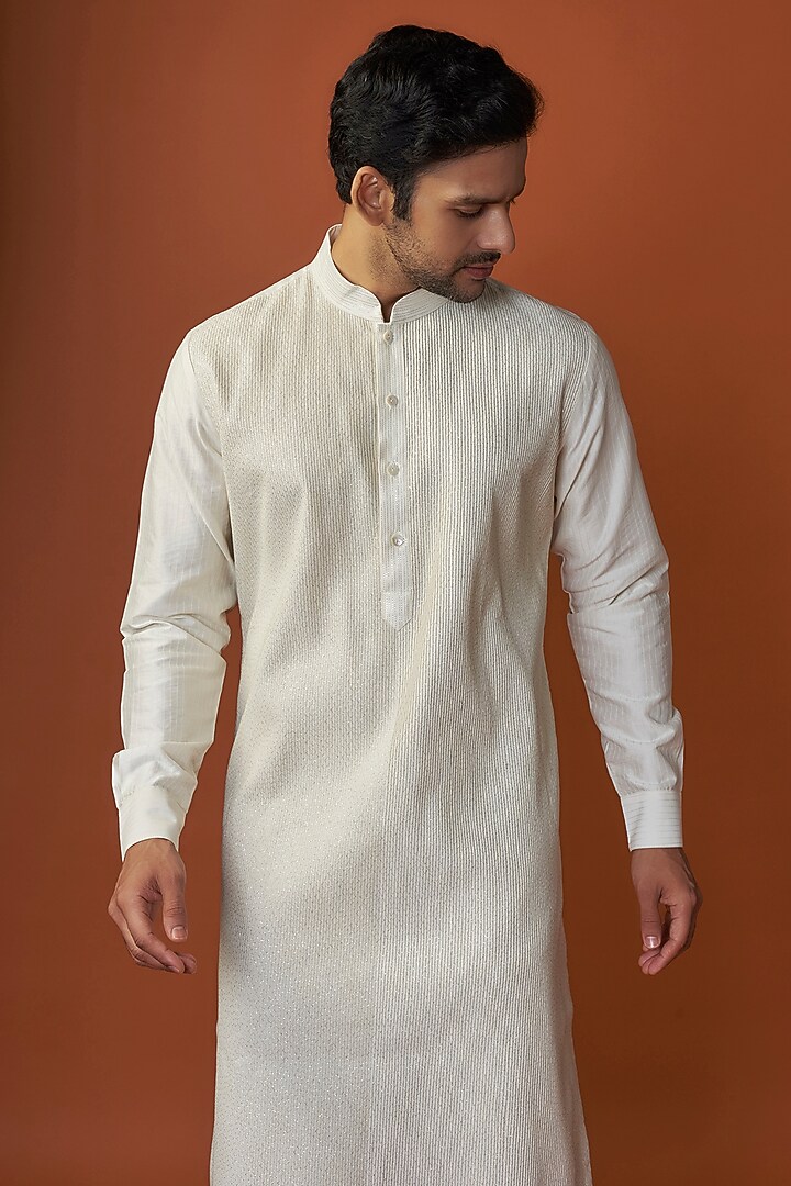 Pearl-Colored Soft Silk Kurta Set by Vanshik at Pernia's Pop Up Shop