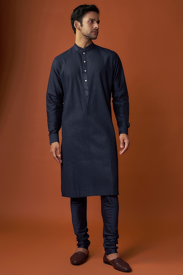 Blue Soft Silk Pintuck Kurta Set by Vanshik