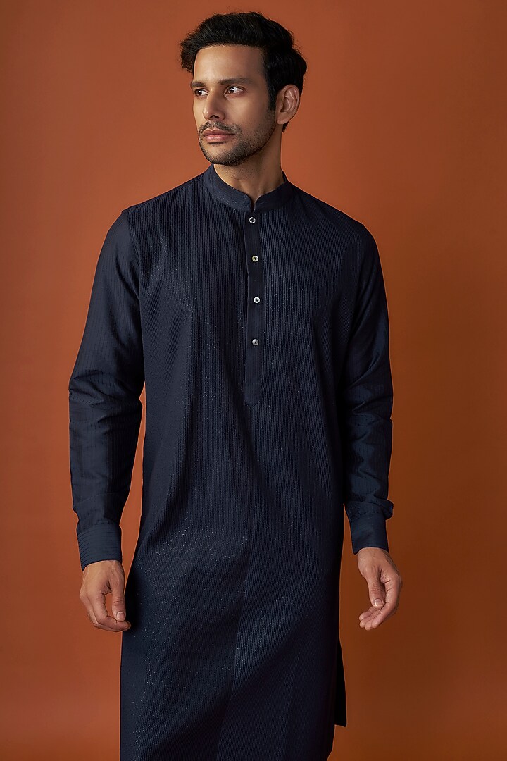 Blue Soft Silk Pintuck Kurta Set by Vanshik at Pernia's Pop Up Shop