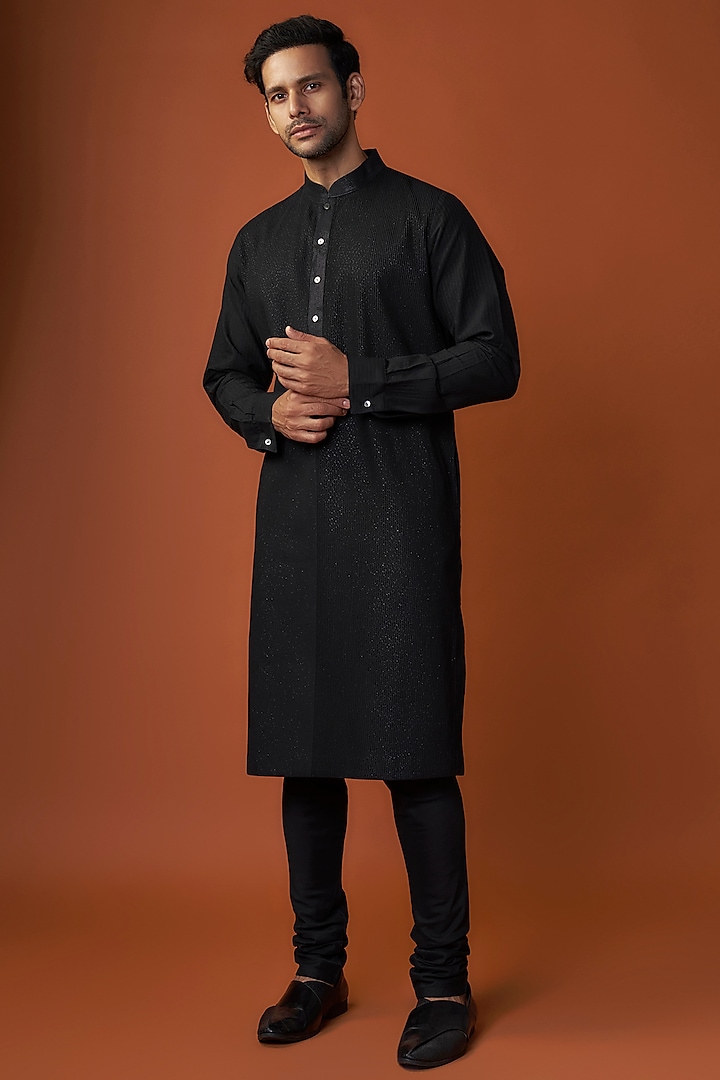 Black Soft Silk Pintuck Kurta Set by Vanshik at Pernia's Pop Up Shop