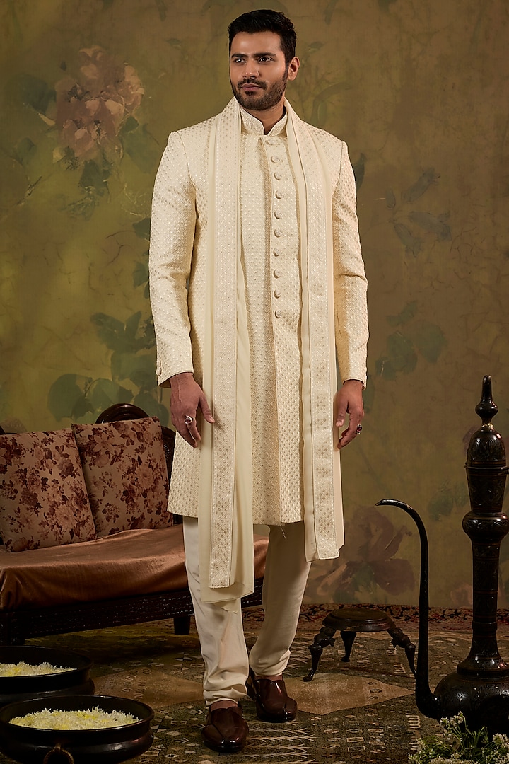 Pearl-Toned Silk Sequins Embroidered Wedding Sherwani Set by Vanshik at Pernia's Pop Up Shop