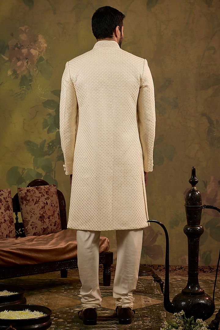 Pearl-Toned Silk Sequins Embroidered Wedding Sherwani Set by Vanshik at Pernia's Pop Up Shop