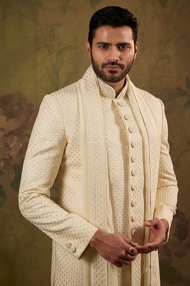 Pearl-Toned Silk Sequins Embroidered Wedding Sherwani Set by Vanshik at Pernia's Pop Up Shop
