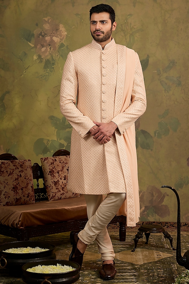 Blush Silk Sequins Embroidered Sherwani Set by Vanshik