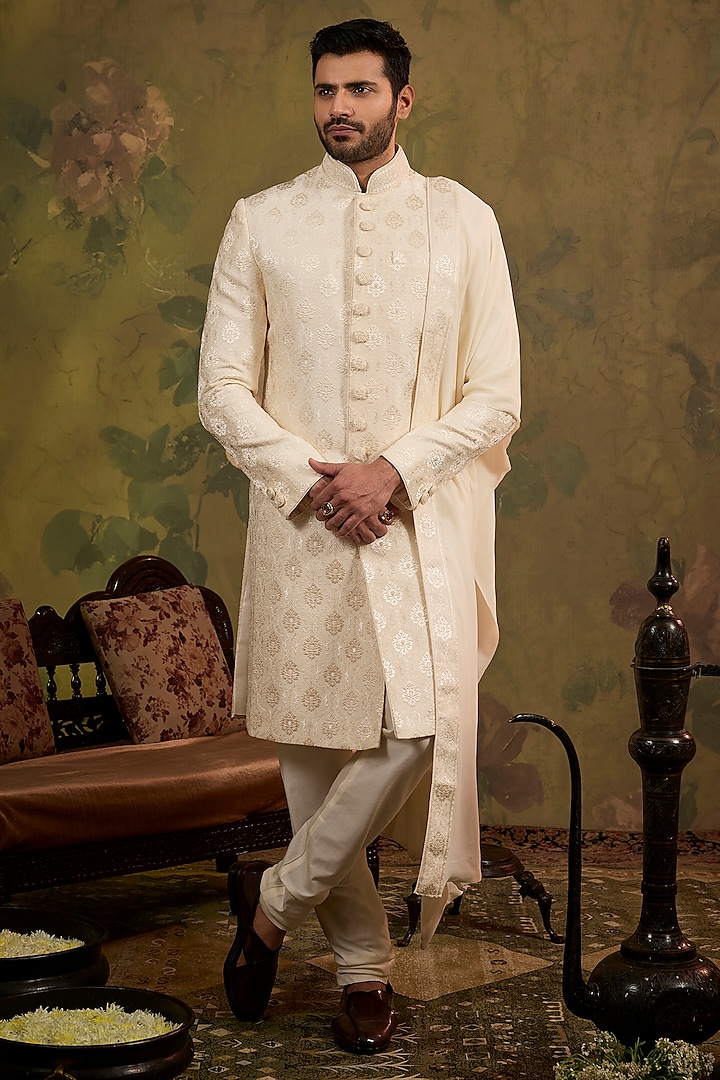 Pearl-Toned Silk Embroidered Wedding Sherwani Set by Vanshik at Pernia's Pop Up Shop