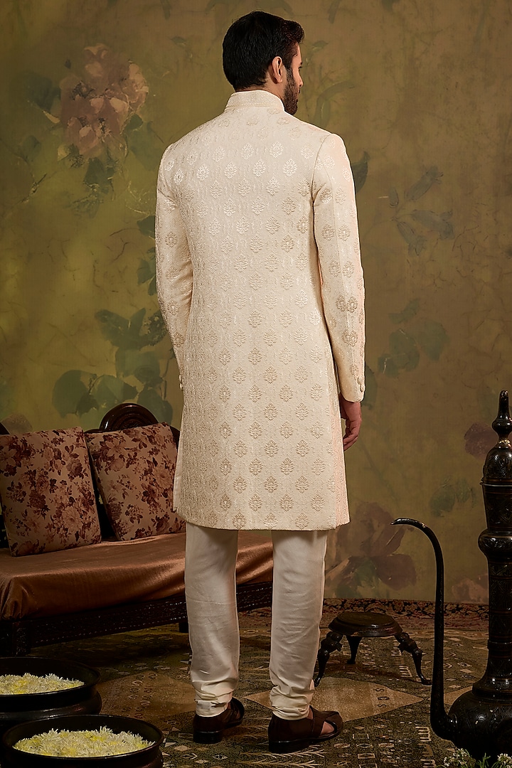 Pearl-Toned Silk Embroidered Wedding Sherwani Set by Vanshik at Pernia's Pop Up Shop