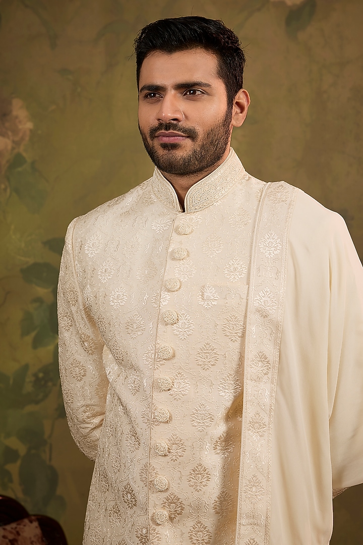 Pearl-Toned Silk Embroidered Wedding Sherwani Set by Vanshik at Pernia's Pop Up Shop