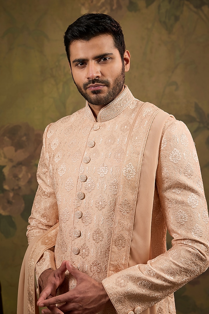 Blush Silk Embroidered Wedding Sherwani Set by Vanshik at Pernia's Pop Up Shop