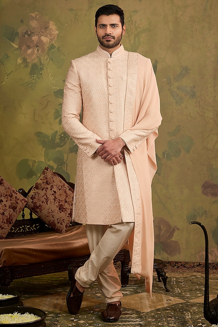 Blush Silk Embroidered Sherwani Set by Vanshik