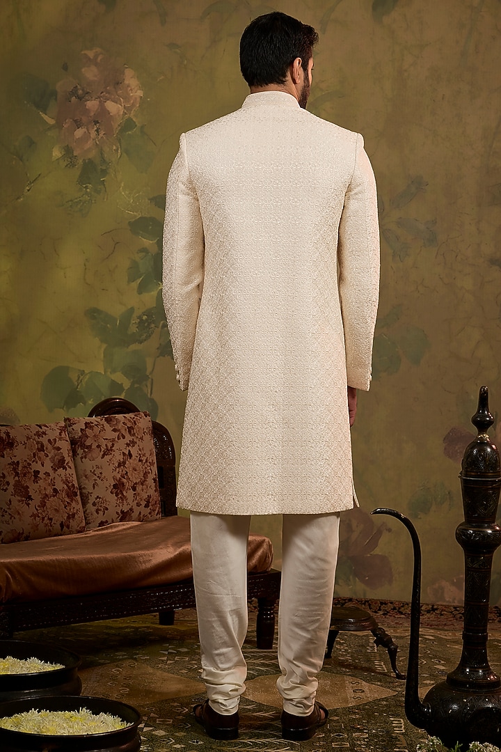 Pearl-Toned Silk Embroidered Wedding Sherwani Set by Vanshik at Pernia's Pop Up Shop